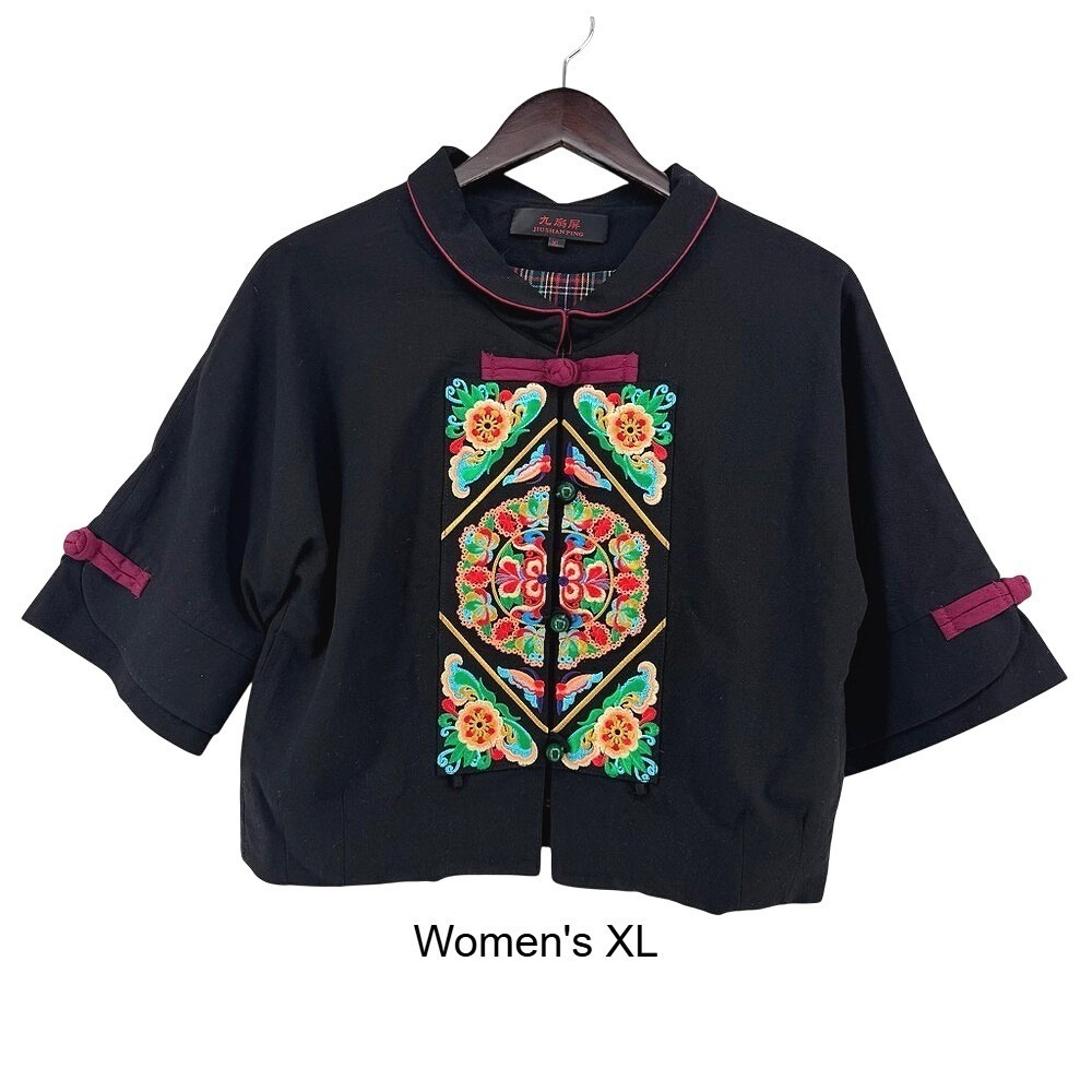 Women Oriental Embroidered XL Black‎ Floral Cropped Tang Suit Jacket Plaid